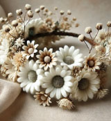 A beautiful felt wool white daisy dry flower crown, designed as a rustic floral headpiece with neutral-colored flowers.