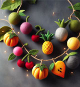 Felt wool garland with felt balls and fruits: mango, cherry, pineapple, pumkins with string of plant leafs string